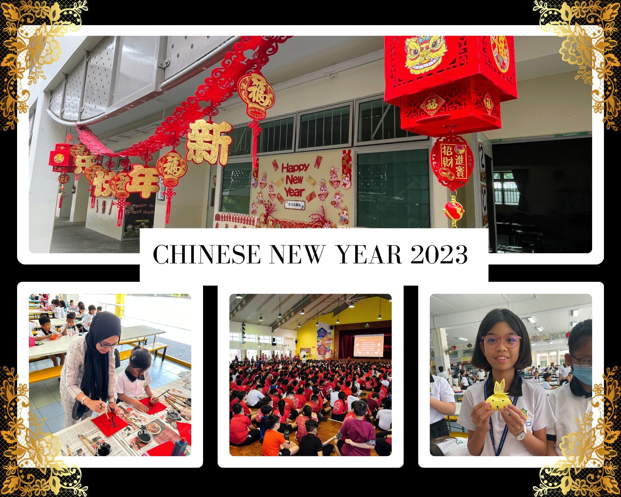 School collage showing Chinese New Year 2023 decorations, students at an assembly, calligraphy activity, and a girl holding a paper rabbit.